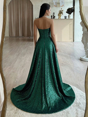 A Line Strapless Long Sequined Evening Dresses with High Split Side