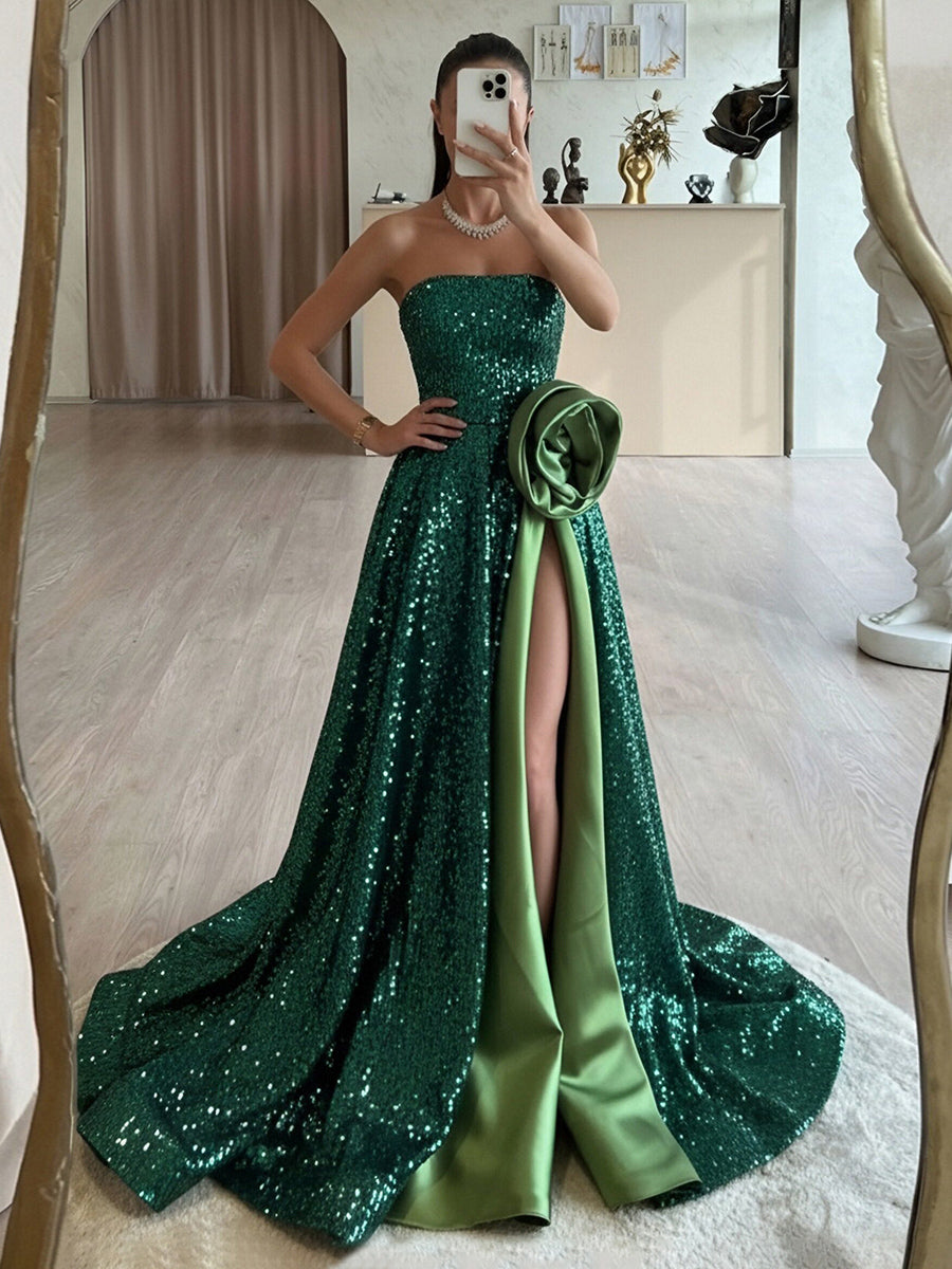 A Line Strapless Long Sequined Evening Dresses with High Split Side