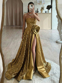 A Line Strapless Long Sequined Evening Dresses with High Split Side