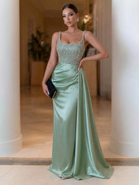 Sheath Spaghetti Straps Floor Length Mixed Evening Dresses with Rhinestones