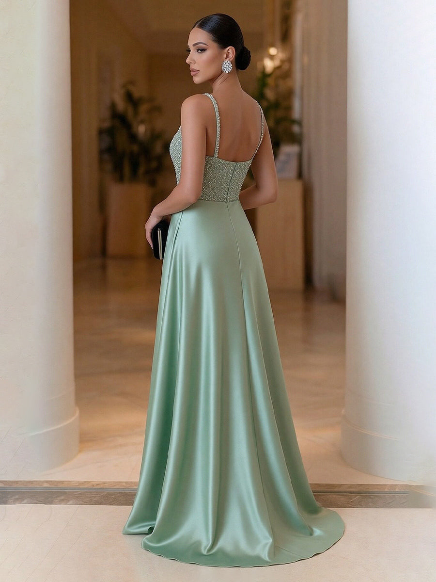 Sheath Spaghetti Straps Floor Length Mixed Evening Dresses with Rhinestones