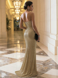 Sheath Strapless Floor Length Sparkly Evening Dresses with Split Side