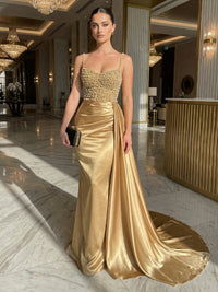 Sheath Spaghetti Straps Ruched Sweep Evening Dresses with Beadings