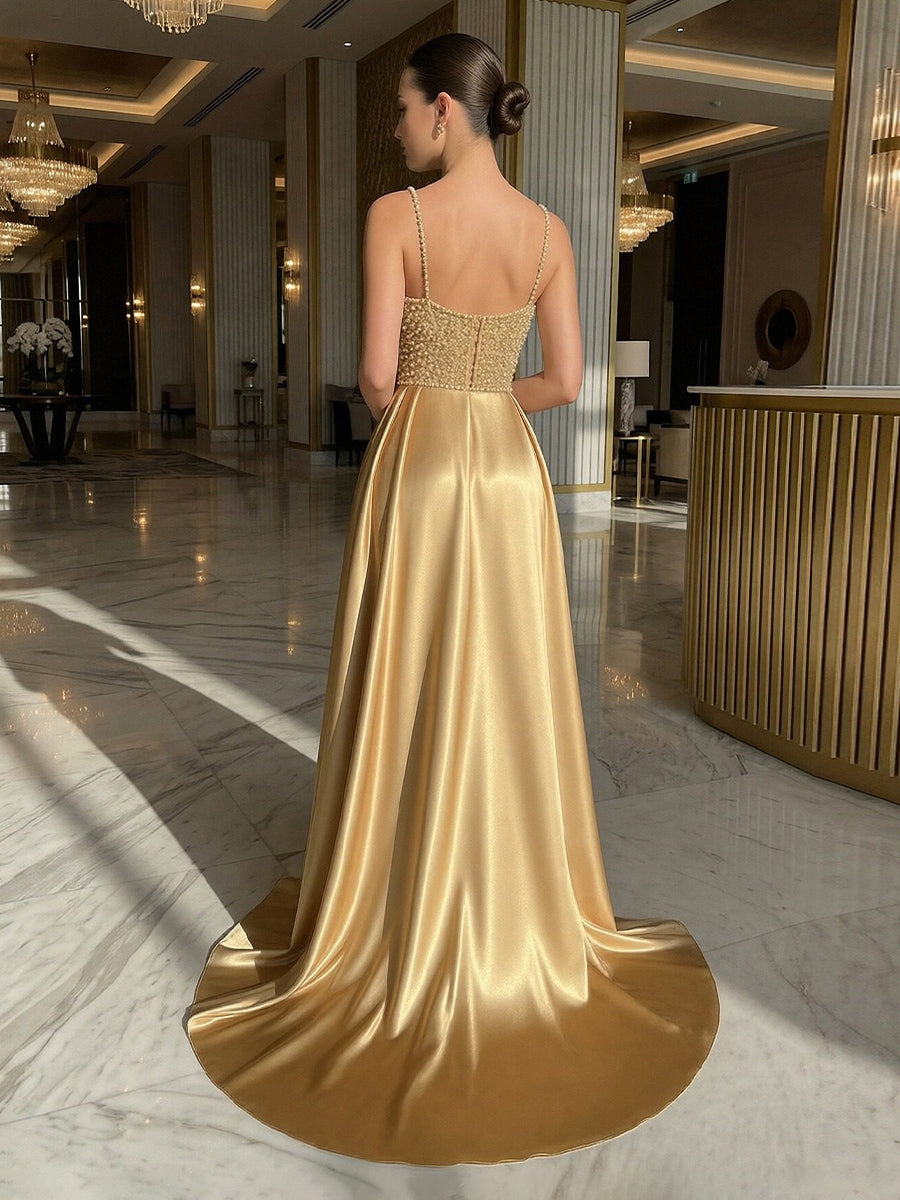 Sheath Spaghetti Straps Ruched Sweep Evening Dresses with Beadings