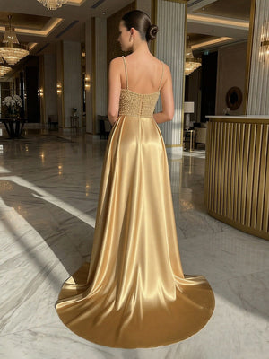 Sheath Spaghetti Straps Ruched Sweep Evening Dresses with Beadings