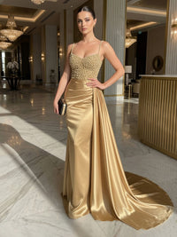 Sheath Spaghetti Straps Ruched Sweep Evening Dresses with Beadings