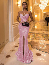 Mermaid Sweetheart Floor Length Sequined Evening Dresses with High Split