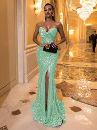 Mermaid Sweetheart Floor Length Sequined Evening Dresses with High Split