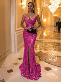 Mermaid Sweetheart Floor Length Sequined Evening Dresses with High Split