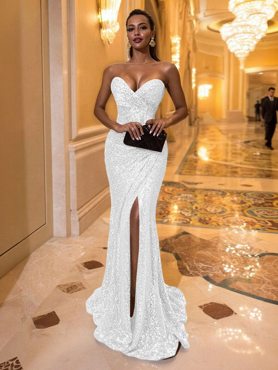 Mermaid Sweetheart Floor Length Sequined Evening Dresses with High Split