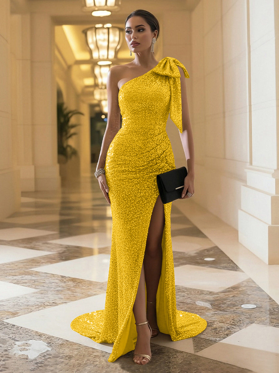 Sheath One Shoulder Long Bow Evening Dresses with Split Side