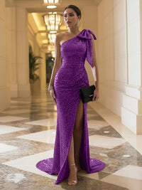 Sheath One Shoulder Long Bow Evening Dresses with Split Side
