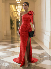 Sheath One Shoulder Long Bow Evening Dresses with Split Side