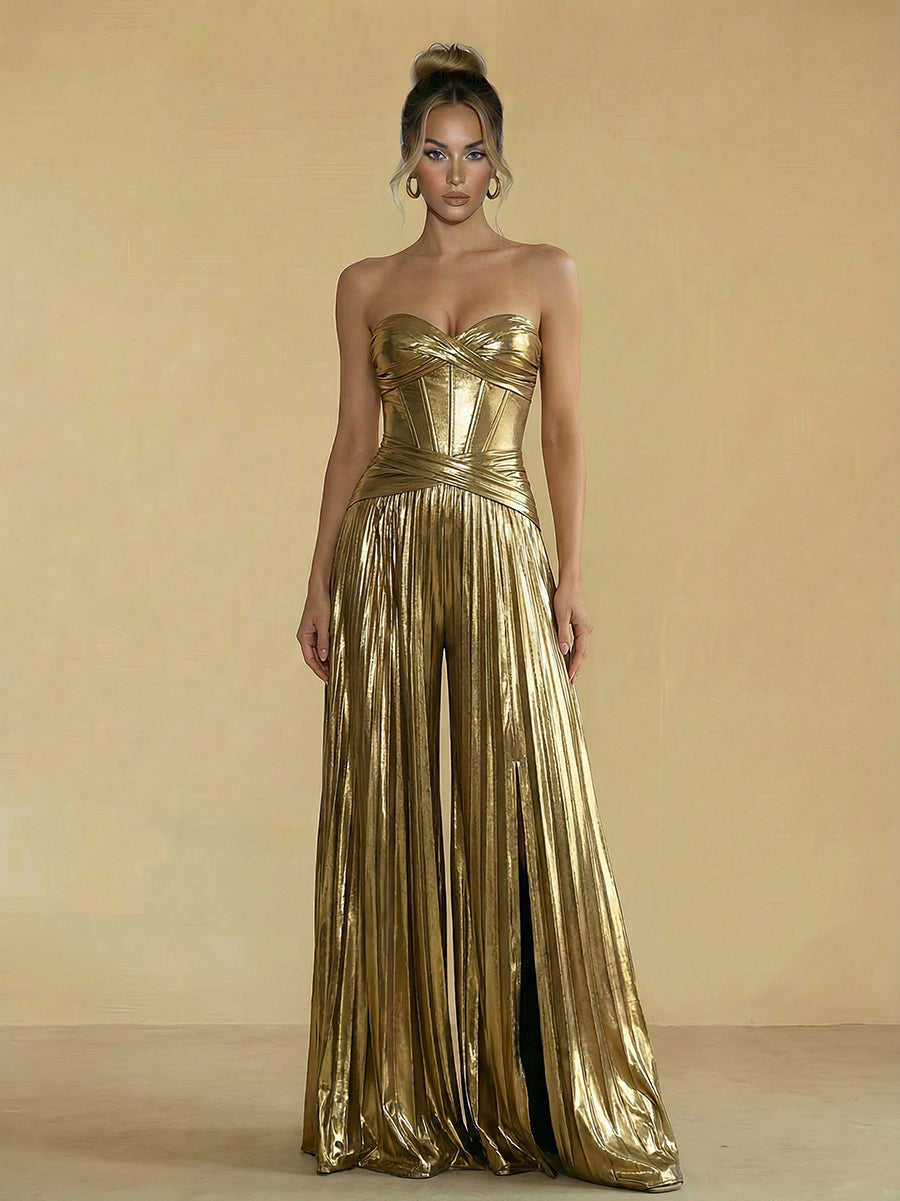 Jumpsuit Sweetheart Ruched Metallic Corset Pleated Evening Dresses
