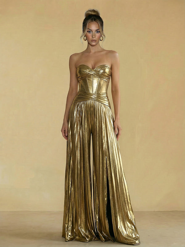Jumpsuit Sweetheart Ruched Metallic Corset Pleated Evening Dresses