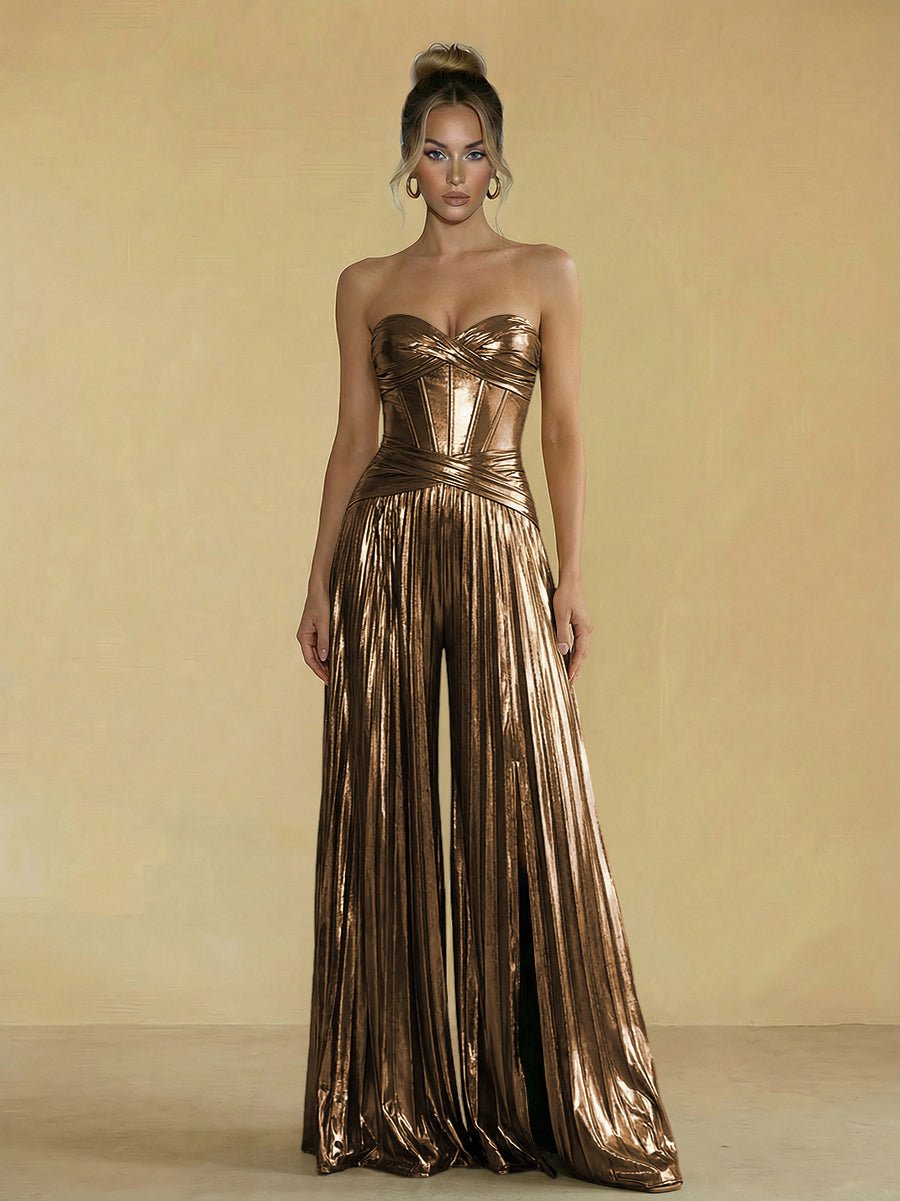 Jumpsuit Sweetheart Ruched Metallic Corset Pleated Evening Dresses