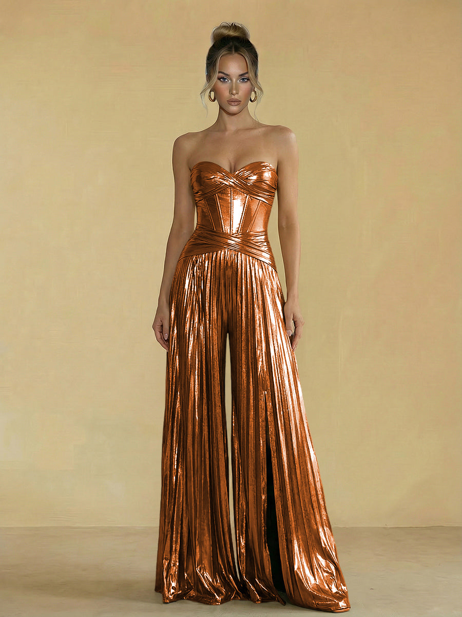 Jumpsuit Sweetheart Ruched Metallic Corset Pleated Evening Dresses