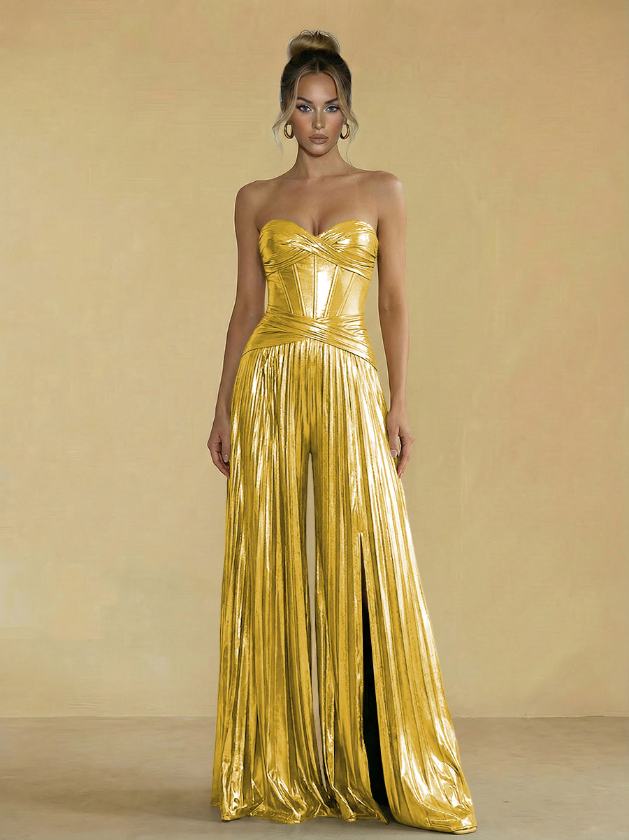 Jumpsuit Sweetheart Ruched Metallic Corset Pleated Evening Dresses