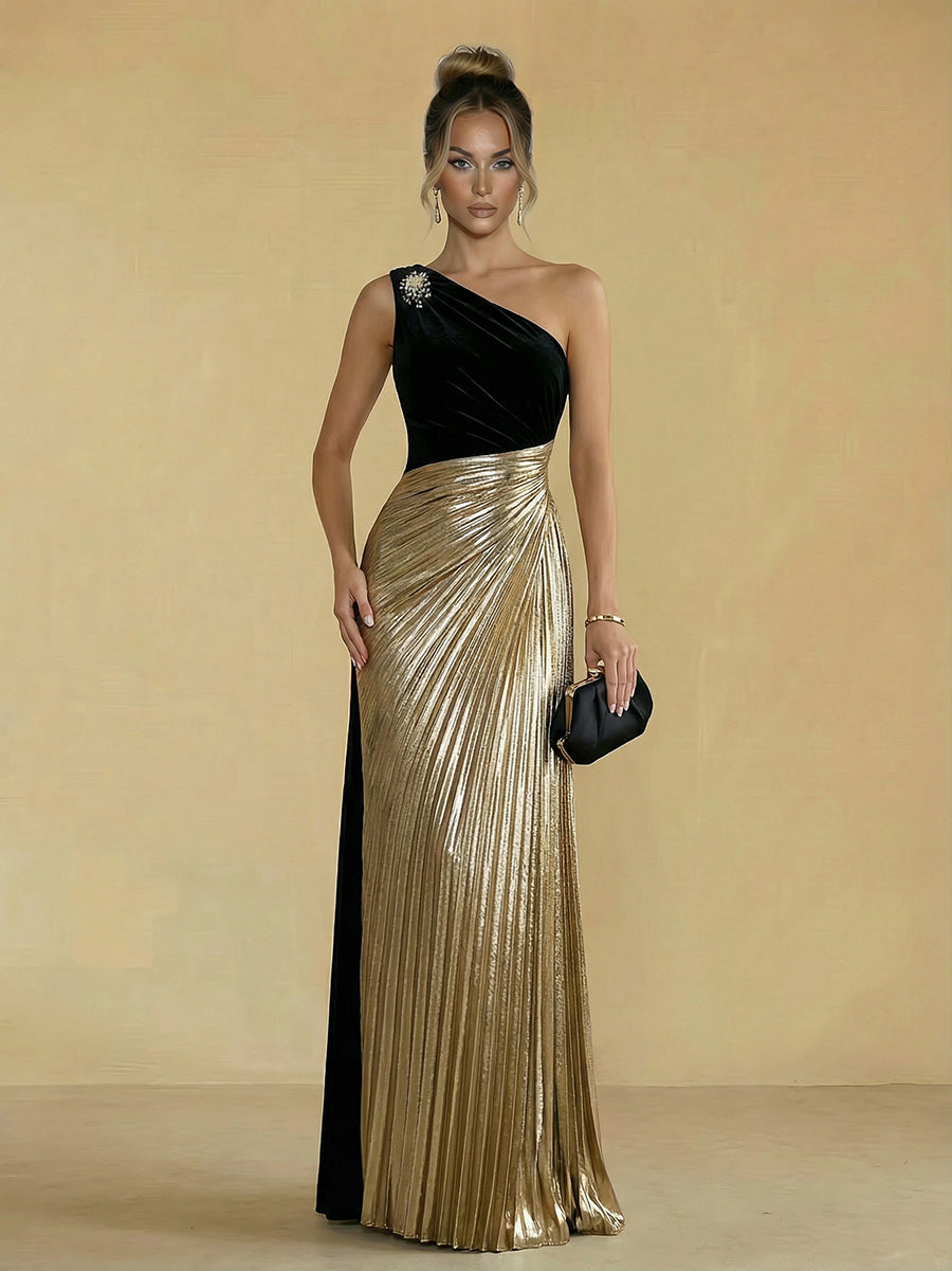 Sheath One-Shoulder Floor Length Sparkling Evening Dresses with Pleats