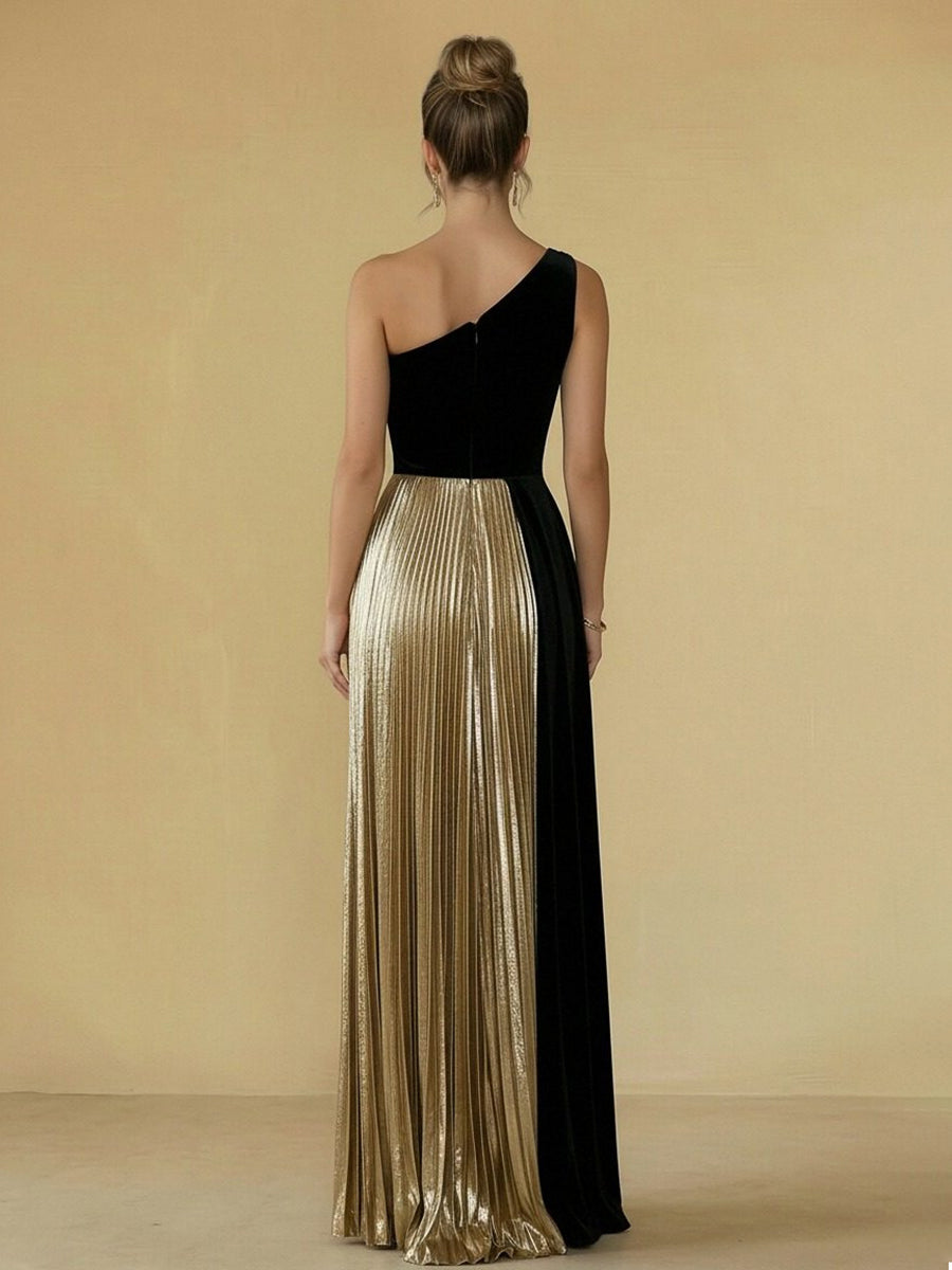 Sheath One-Shoulder Floor Length Sparkling Evening Dresses with Pleats