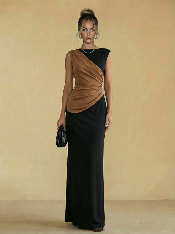 Sheath Boat Neck Sleeveless Ruched Long Simple Evening Dresses