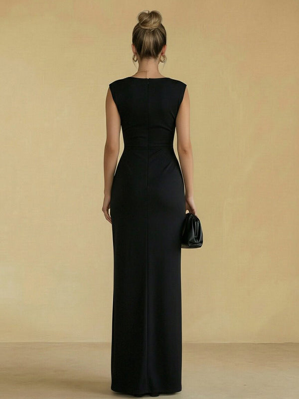 Sheath Boat Neck Sleeveless Ruched Long Simple Evening Dresses