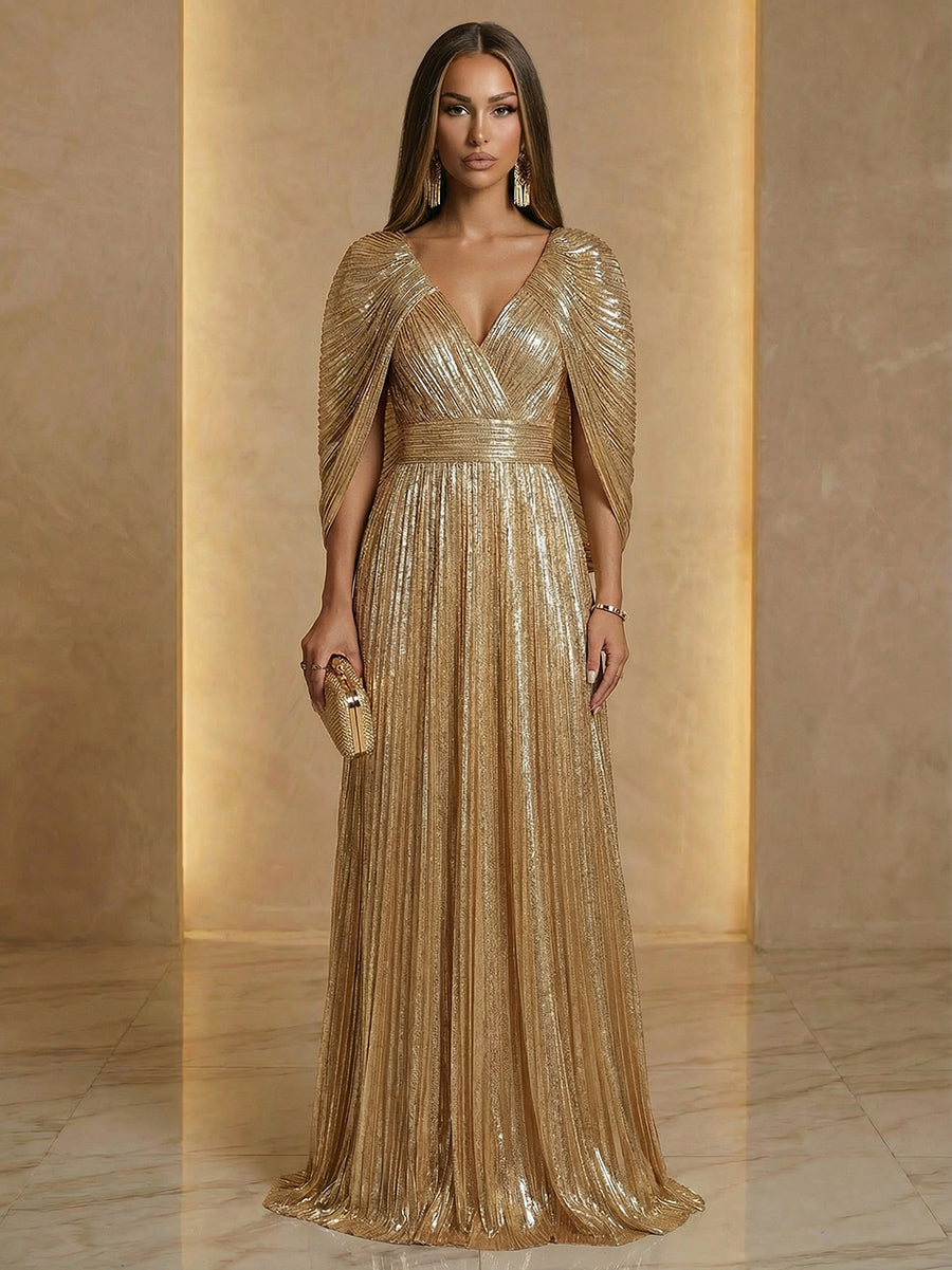 A Line V Neck Cape Sleeve Pleated Floor Length Luxurious Evening Dresses