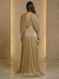 A Line V Neck Cape Sleeve Pleated Floor Length Luxurious Evening Dresses