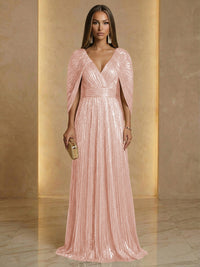A Line V Neck Cape Sleeve Pleated Floor Length Luxurious Evening Dresses