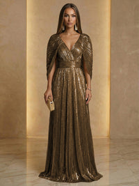 A Line V Neck Cape Sleeve Pleated Floor Length Luxurious Evening Dresses
