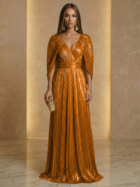 A Line V Neck Cape Sleeve Pleated Floor Length Luxurious Evening Dresses