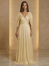 A Line V Neck Cape Sleeve Pleated Floor Length Luxurious Evening Dresses