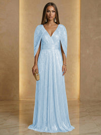 A Line V Neck Cape Sleeve Pleated Floor Length Luxurious Evening Dresses