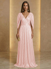 A Line V Neck Cape Sleeve Pleated Floor Length Luxurious Evening Dresses