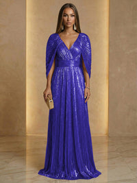 A Line V Neck Cape Sleeve Pleated Floor Length Luxurious Evening Dresses