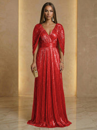 A Line V Neck Cape Sleeve Pleated Floor Length Luxurious Evening Dresses