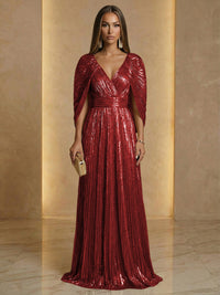 A Line V Neck Cape Sleeve Pleated Floor Length Luxurious Evening Dresses