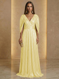A Line V Neck Cape Sleeve Pleated Floor Length Luxurious Evening Dresses