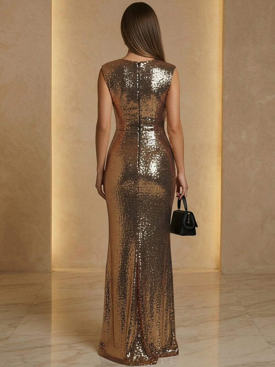 V Neck Sheath Sequined Floor Length Sparkling Evening Dresses