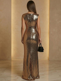 V Neck Sheath Sequined Floor Length Sparkling Evening Dresses