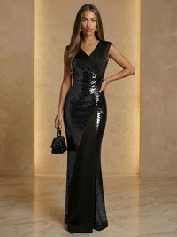 V Neck Sheath Sequined Floor Length Sparkling Evening Dresses