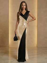 V Neck Sheath Sequined Floor Length Sparkling Evening Dresses