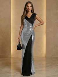 V Neck Sheath Sequined Floor Length Sparkling Evening Dresses