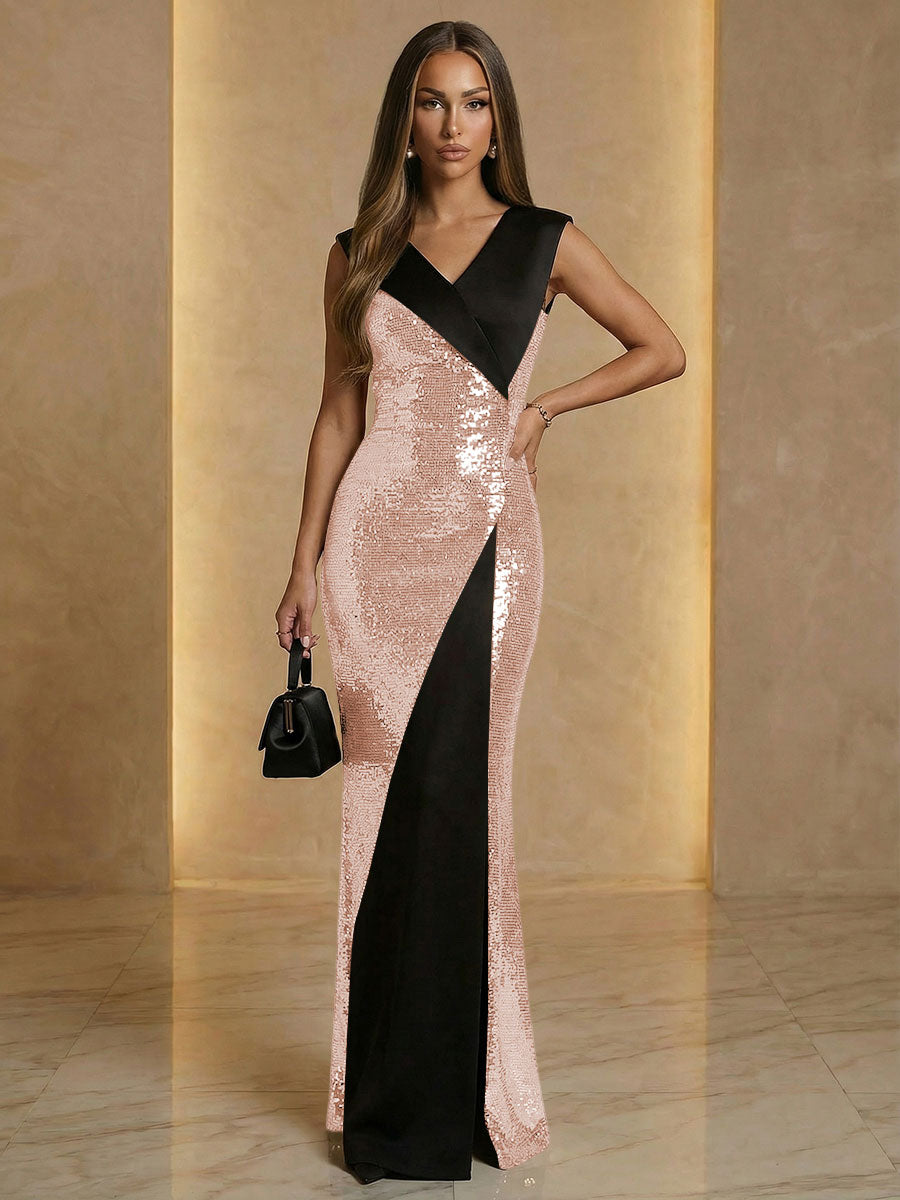 V Neck Sheath Sequined Floor Length Sparkling Evening Dresses