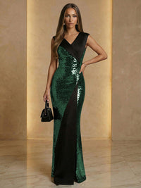 V Neck Sheath Sequined Floor Length Sparkling Evening Dresses
