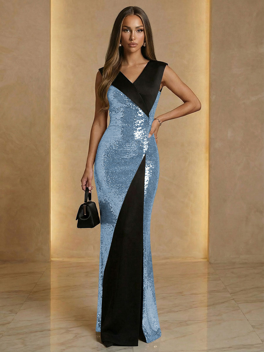 V Neck Sheath Sequined Floor Length Sparkling Evening Dresses