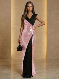 V Neck Sheath Sequined Floor Length Sparkling Evening Dresses