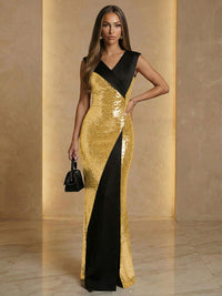 V Neck Sheath Sequined Floor Length Sparkling Evening Dresses