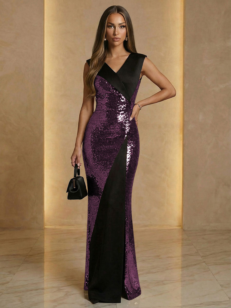V Neck Sheath Sequined Floor Length Sparkling Evening Dresses