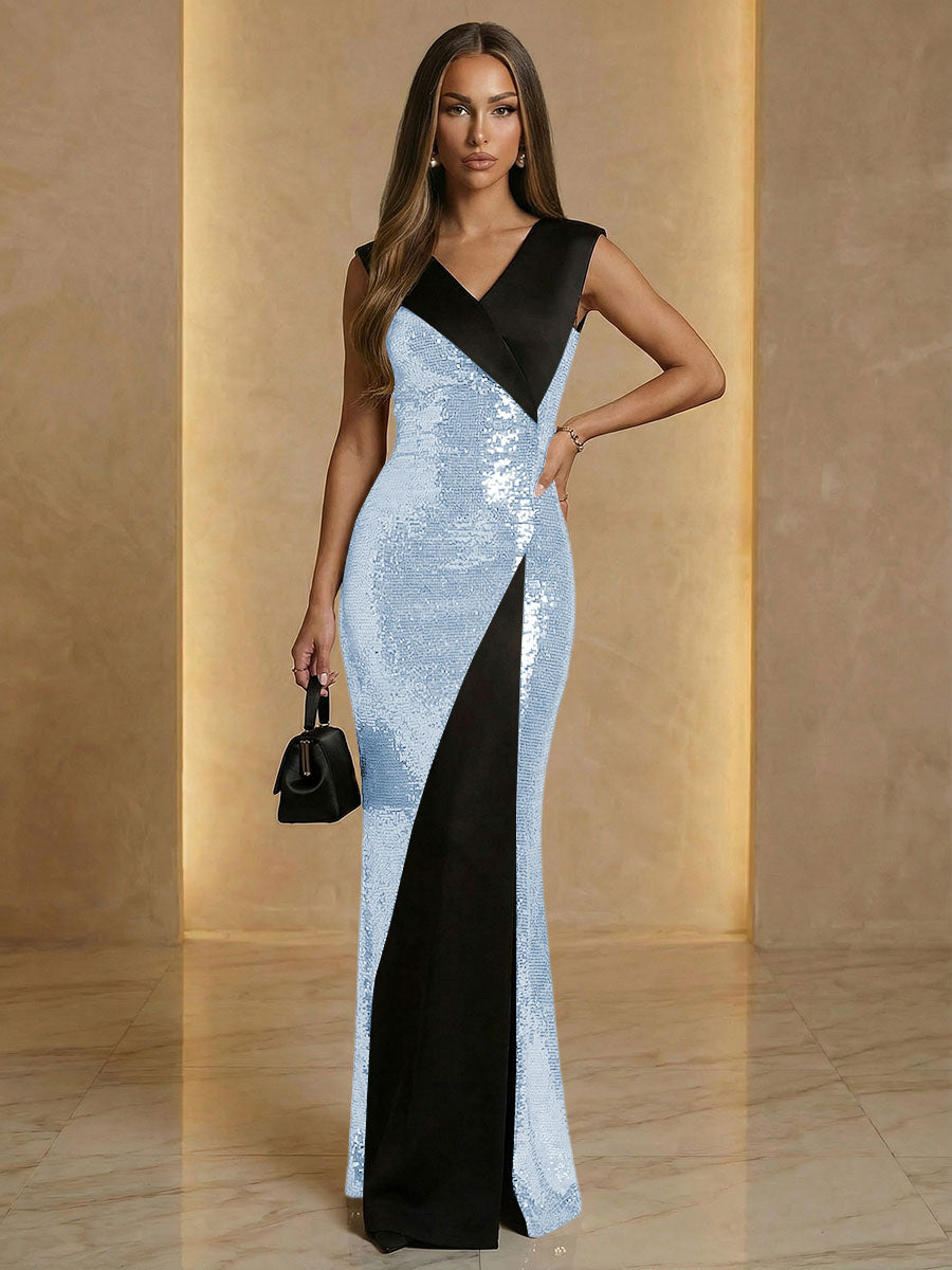 V Neck Sheath Sequined Floor Length Sparkling Evening Dresses